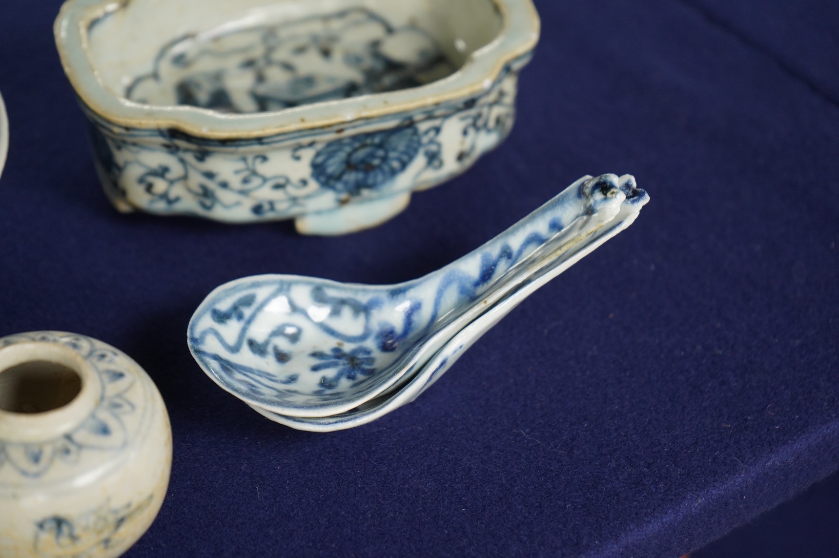 A group of Chinese and Annamese blue and white shipwreck ceramics, 16th–19th century together with a Ming style blue and white censer, largest- 12.5cm wide